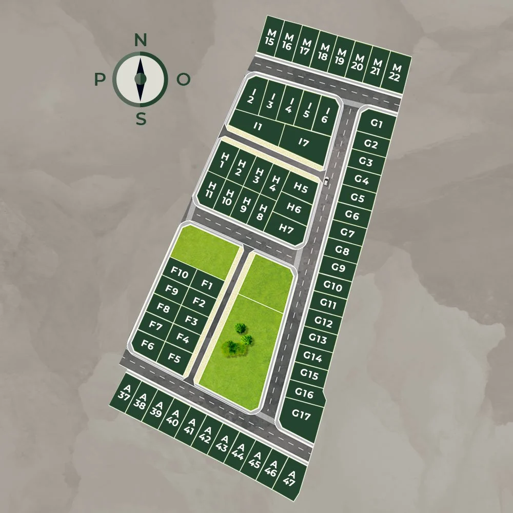 Master plan de Valles de Linares con los lotes de las casas y las áreas verdes centrales
